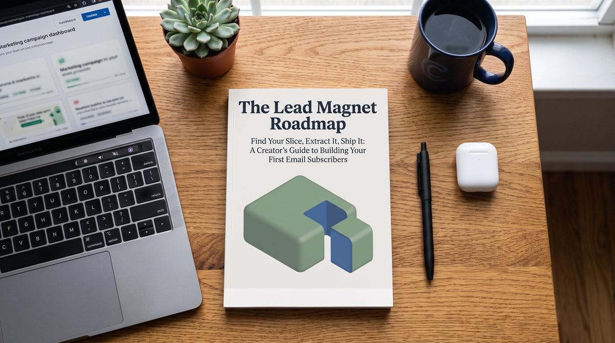 A printed copy of The Lead Magnet Roadmap on a desk beside a laptop, a pen and a coffee mug