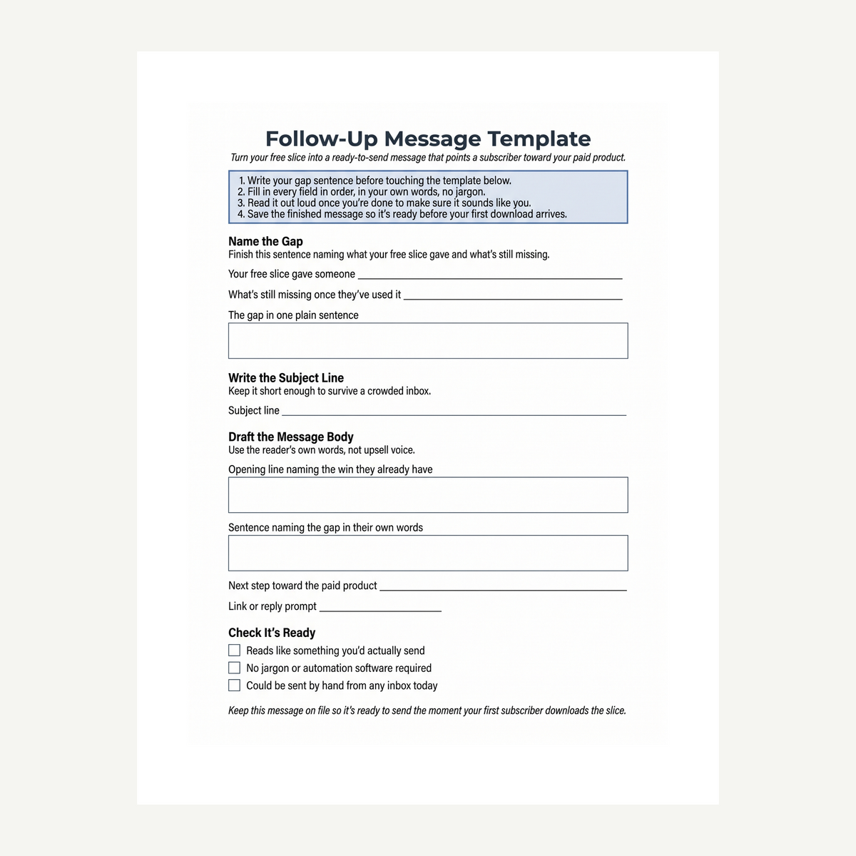 A printable worksheet from The Bridge and the Loop: Turning a Download Into a Reason to Come Back: Follow-Up Message Template