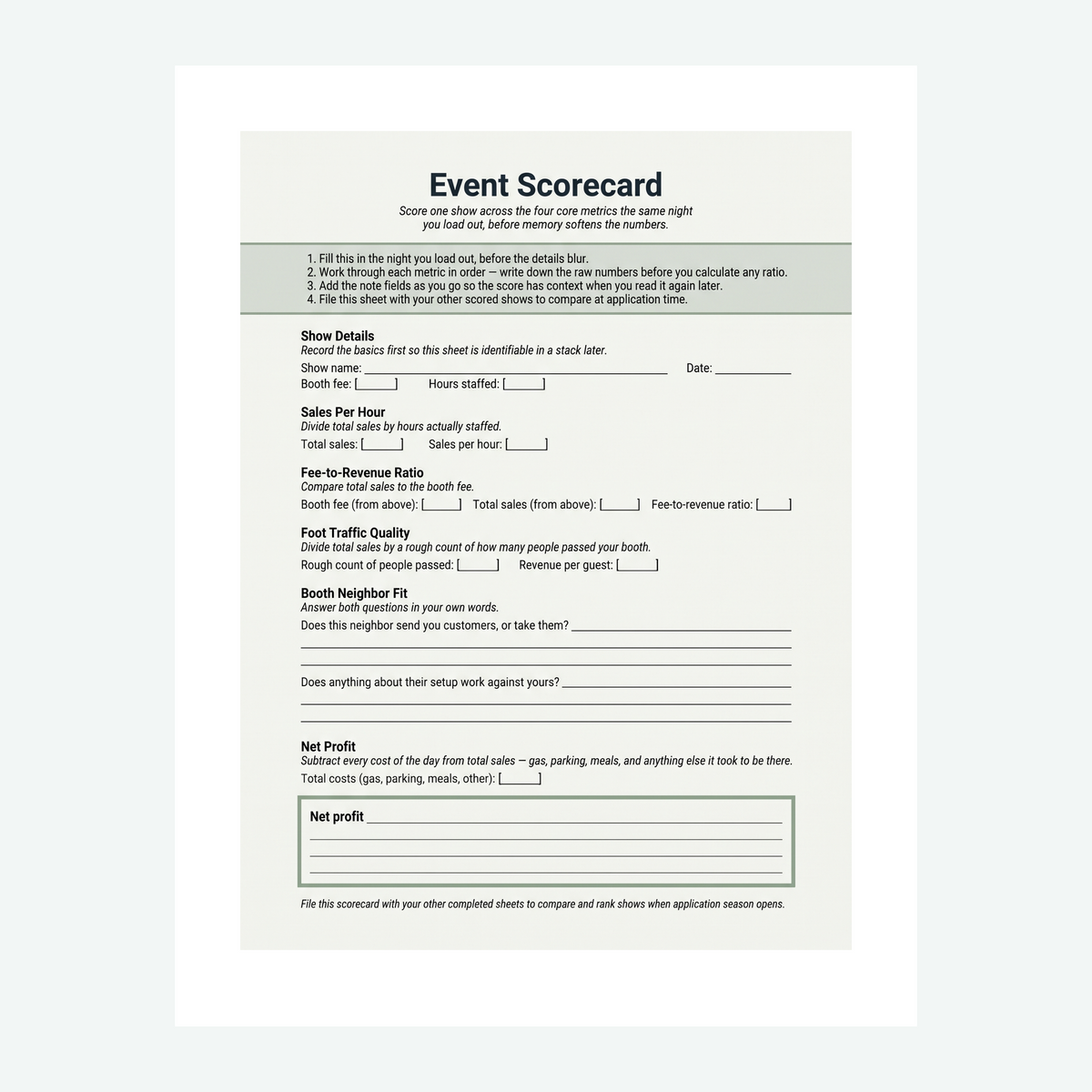 A printable worksheet from The Event Scorecard Play: Stop Guessing Which Shows Are Worth It: Event Scorecard