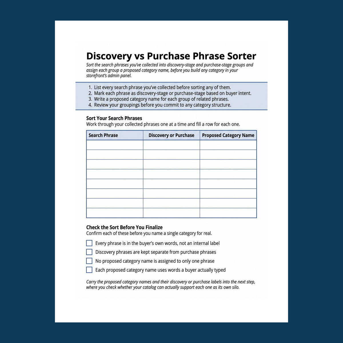 A printable worksheet from Group Your Products the Way Buyers Actually Search: Discovery vs Purchase Phrase Sorter